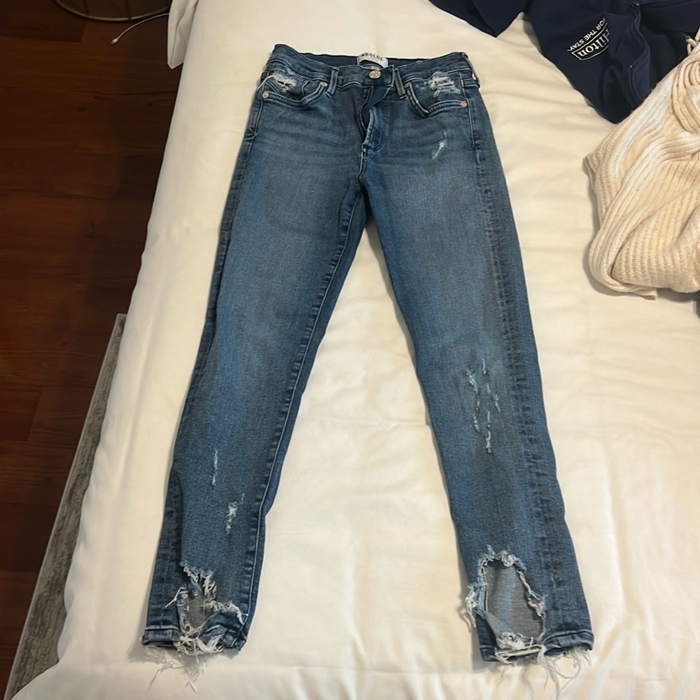 Agolde Sophie Hi Rise Cropped Skinny Jeans Distressed 27 Destroyed Hem Stretch